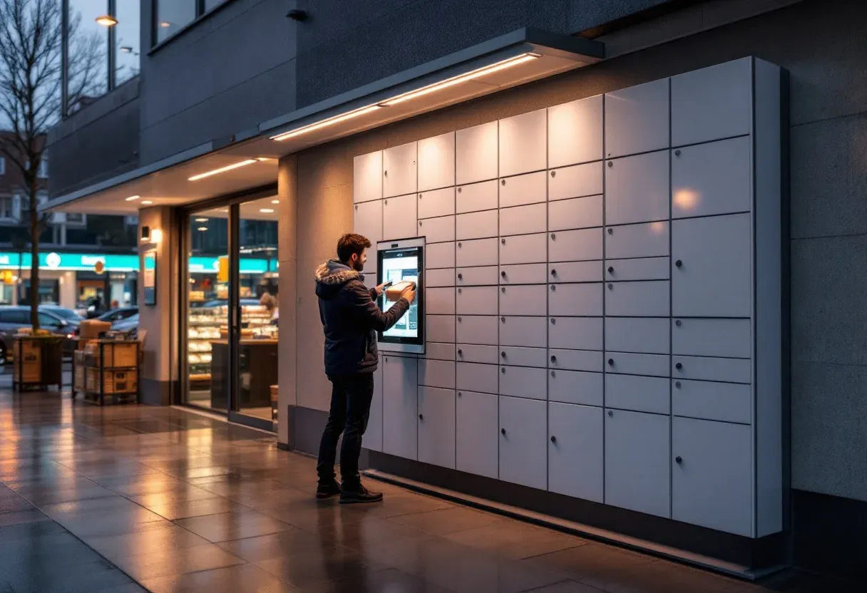 Customer picking up an online order from a parcel locker